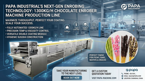 에 대한 최신 회사 뉴스 Papa Industrial Launches High-Capacity 1300kg/h Double Coating Chocolate Enrober Machine Line